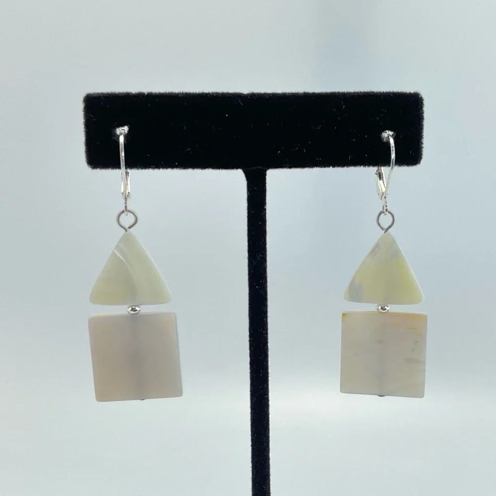 Mod Mother of Pearl Earrings, Handmade, Triangles & Squares, Neutral